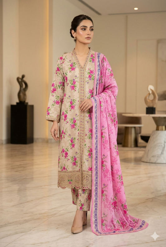 MUZNAH 3-PC Embroidered stitched Printed Suit