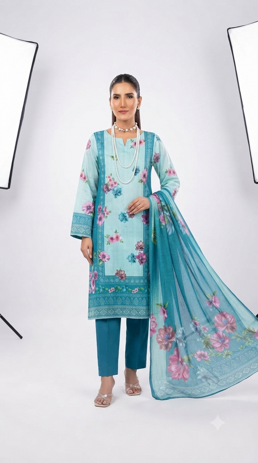 3 Piece Digital Printed Linen Suit | L#01