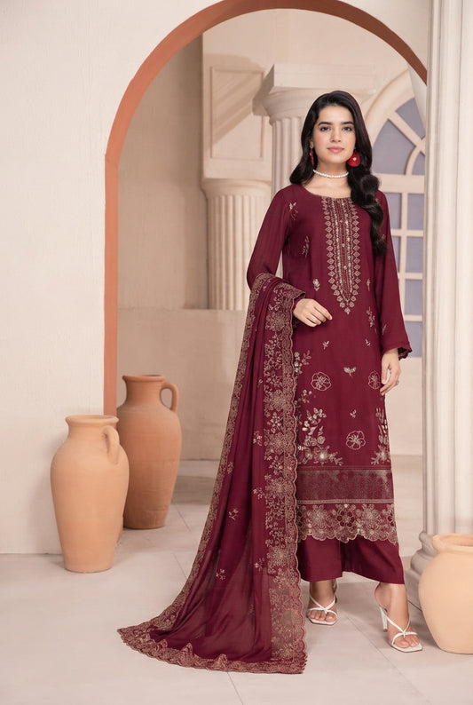Airjet Fancy Wool Peach Embroidered Suit | Alif Vol-555 (Design - 05)