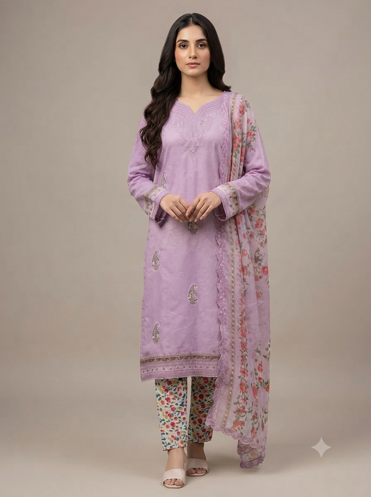 Printed Lawn 3-Piece Unstitched Suit with Sequin Patch Work (D-09)