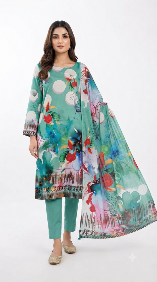 3 Piece Digital Printed Linen Suit | L#14