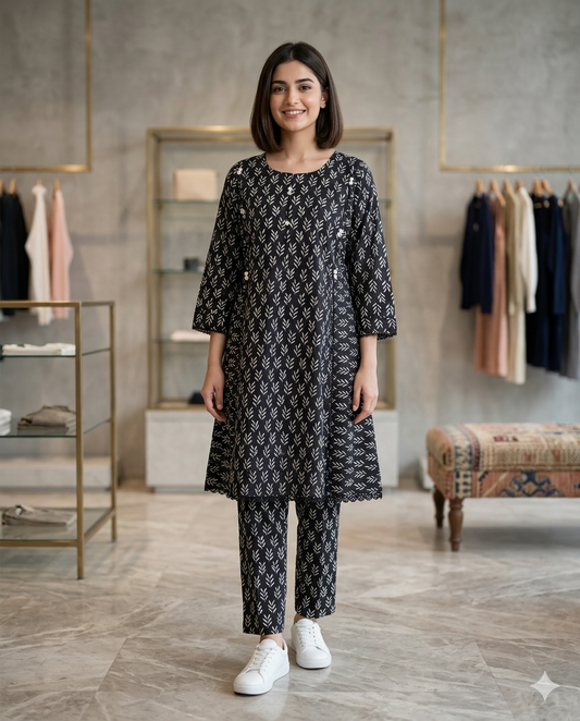 2-Piece Black Frock Suit – Elegant Cotton Co-ord Set