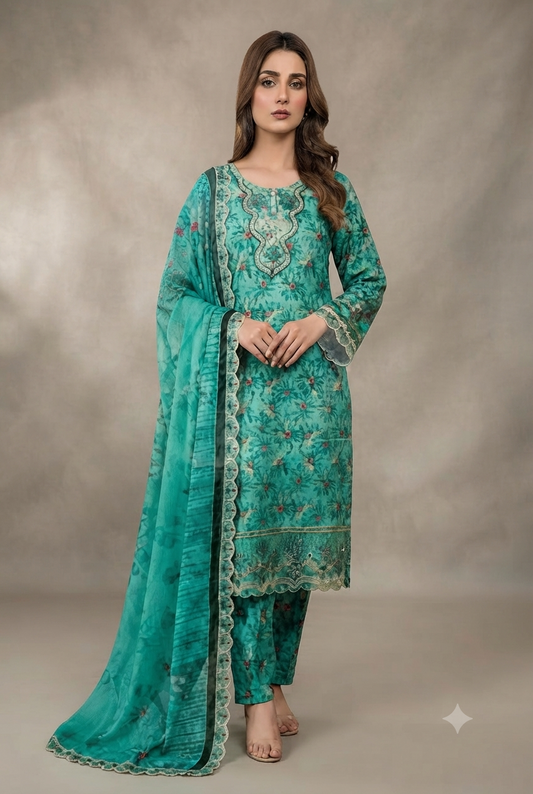 Printed Lawn 3-Piece Unstitched Suit with Sequin Patch Work (D-07)
