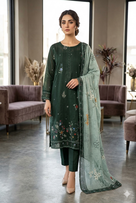 MUZNAH 3-PC Taftan Style stitched Printed Suit