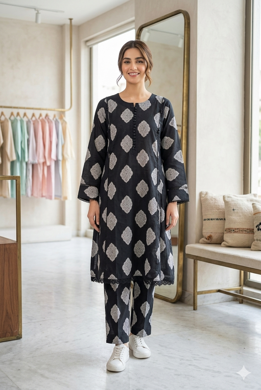 2-Piece Black Frock Suit – Elegant Cotton Co-ord Set