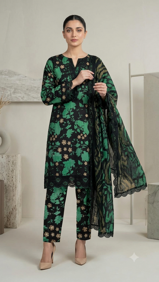 Printed Lawn 3-Piece Unstitched Suit with Sequin Patch Work (D-10)