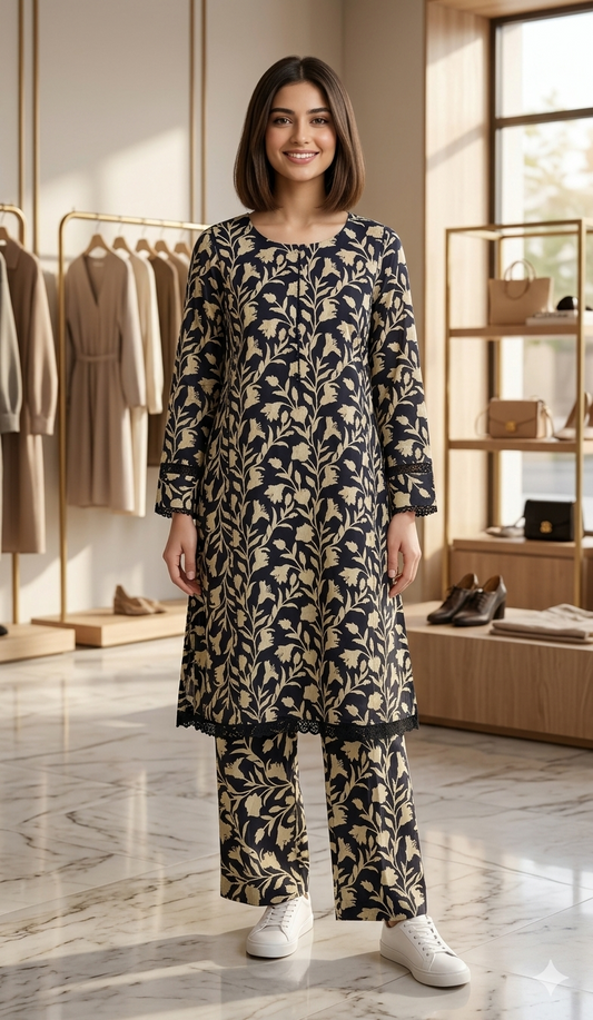 2-Piece Black Frock Suit – Elegant Cotton Co-ord Set