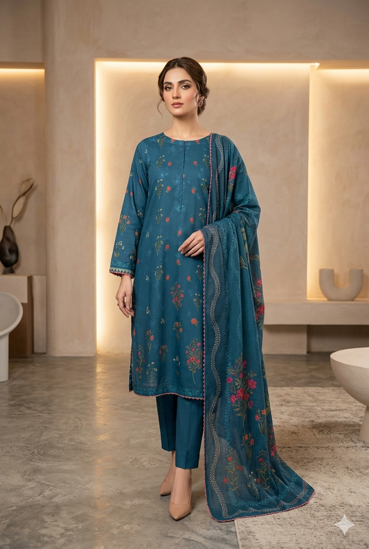 MUZNAH 3-PC Taftan Style stitched Printed Suit