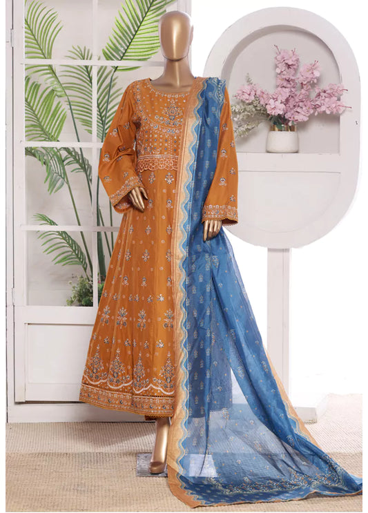3 Piece Embroidred Stitched Lawn Frock with Trouser & Dupatta | BS-15