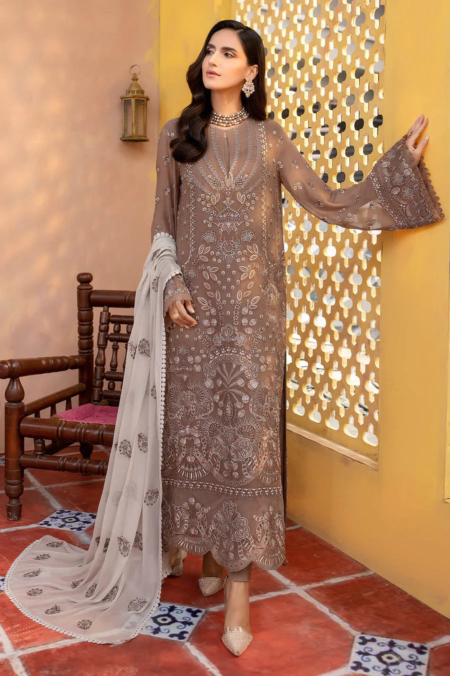 Flossie - Elnaz Chiffon Collection Vol. 01 - Otter (3 Piece Unstitched)