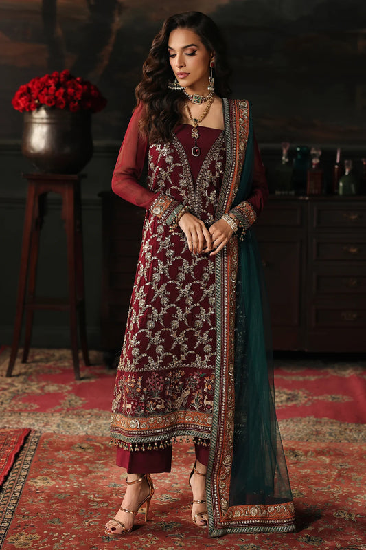 Charizma Aura Luxury Chiffon Collection ’26 – 3 Piece Embroidered Unstitched Suit (CA26-05) – Deep Maroon