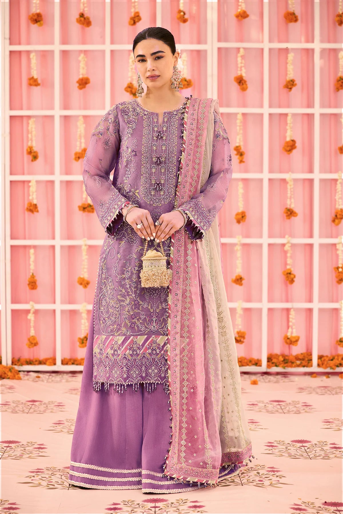 Alizeh Zari AF-ZN-2220  Luxurious Mauve Embroidered Zari Net Suit with Russian Grip Trouser