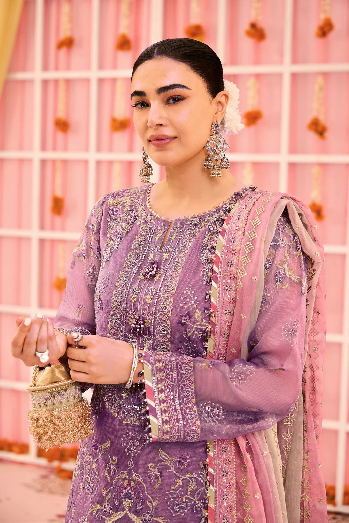 Alizeh Zari AF-ZN-2220  Luxurious Mauve Embroidered Zari Net Suit with Russian Grip Trouser