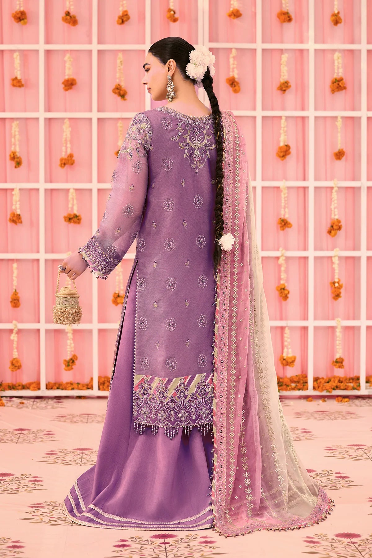 Alizeh Zari AF-ZN-2220  Luxurious Mauve Embroidered Zari Net Suit with Russian Grip Trouser