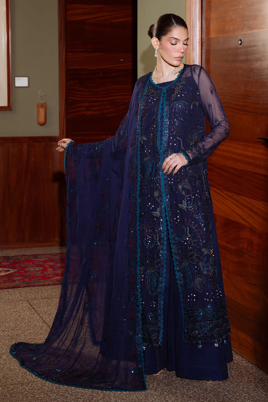 Nureh. NEL-87: Hand-Embellished Chiffon Ensemble with Intricate Embroidered Detailing