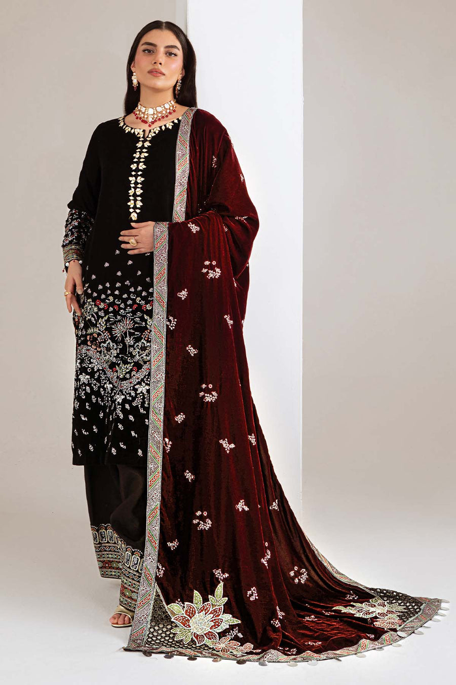 NUREH Maya Embroidered Velvet Unstitched 3Pc Suit NW-113
