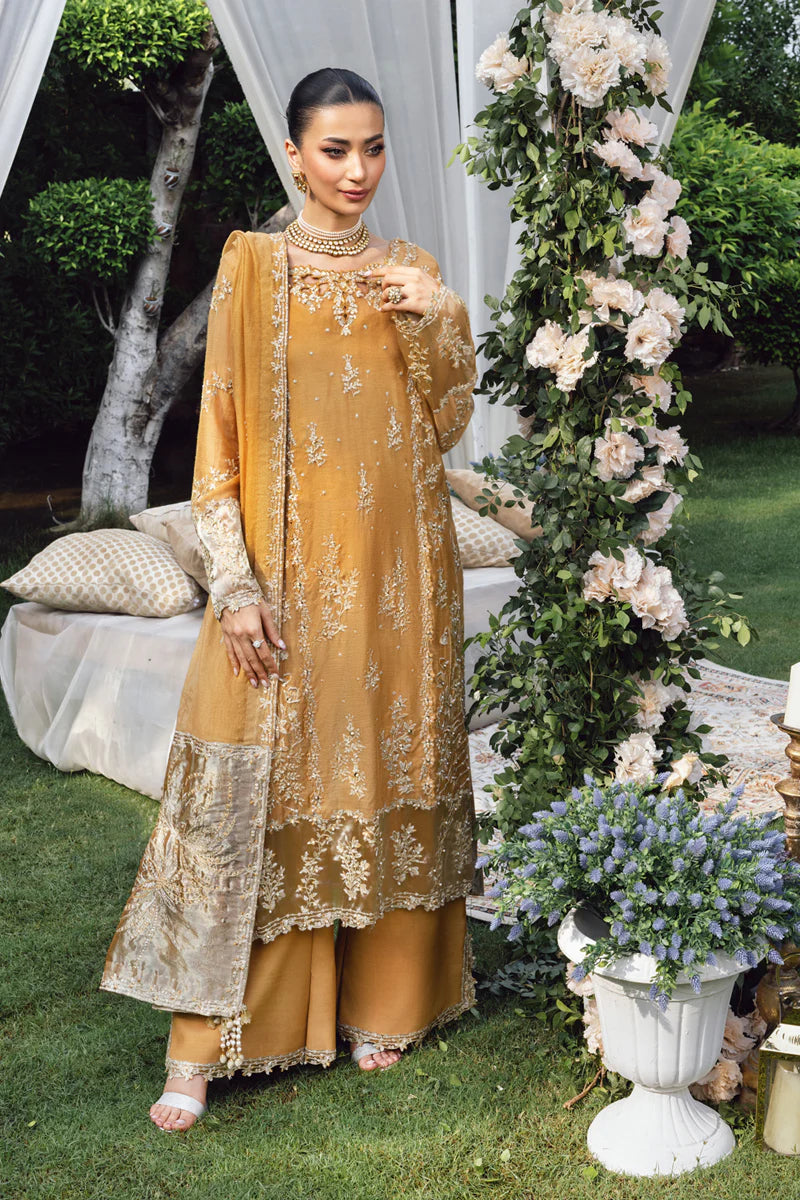 Misha - Mustard Handwork Embroidered Cotton Net & Zari Organza Luxury Formal Unstitched Suit  Rang Rasiya