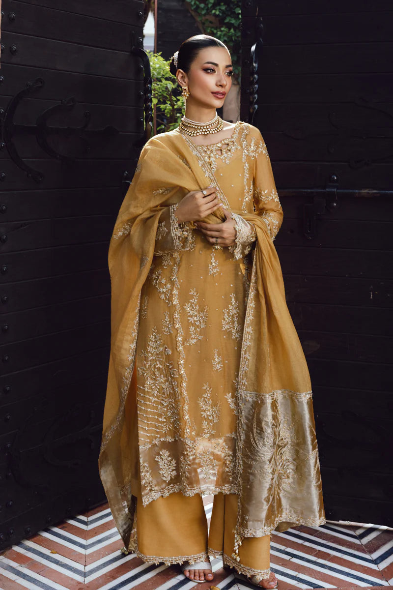 Misha - Mustard Handwork Embroidered Cotton Net & Zari Organza Luxury Formal Unstitched Suit  Rang Rasiya