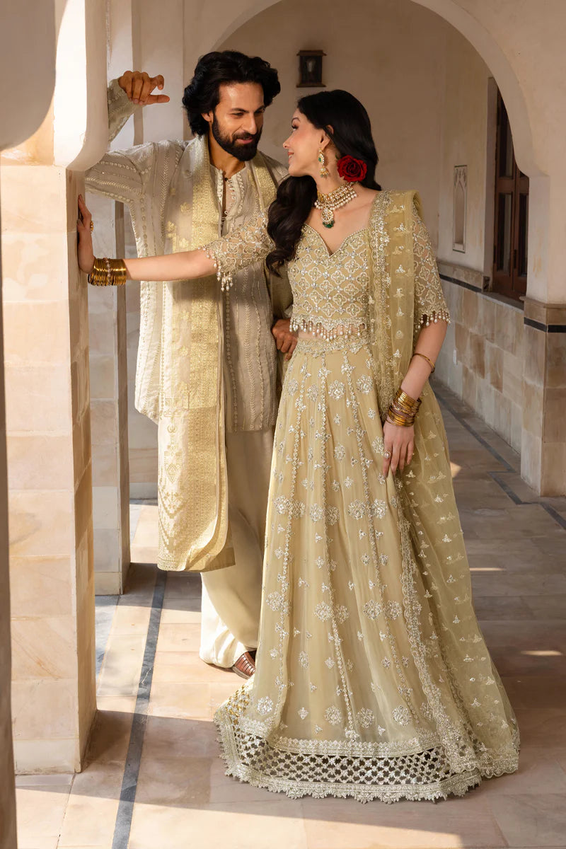 Rang Rasiya Zaiena - Amber Gold Embroidered Chiffon Formal Suit (Unstitched)