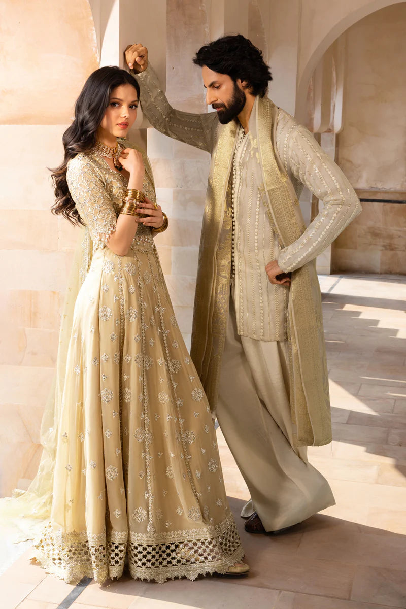 Rang Rasiya Zaiena - Amber Gold Embroidered Chiffon Formal Suit (Unstitched)