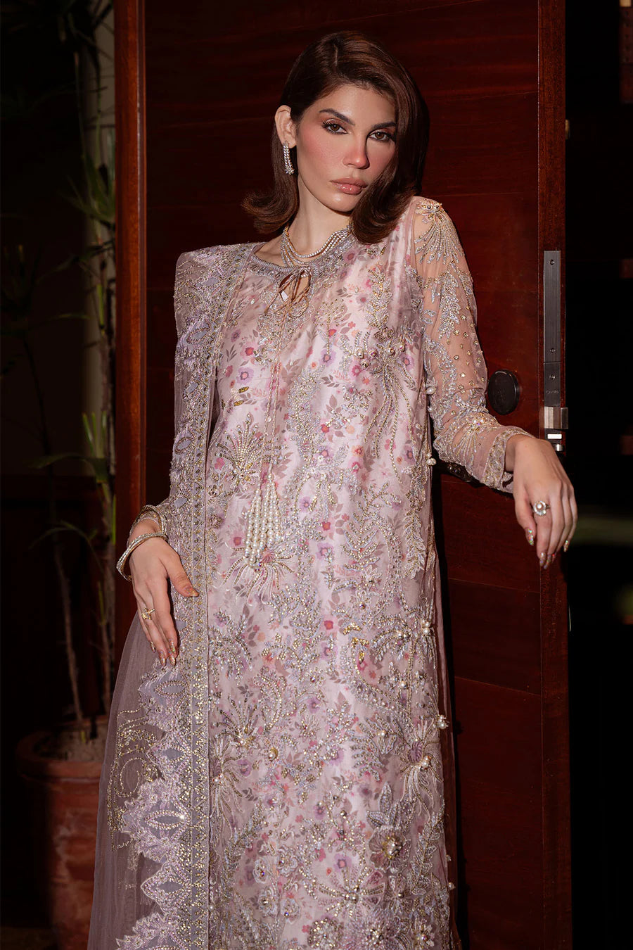 Nureh NEL-85: Luxury Hand-Embellished Net Ensemble with Printed Silk Accents