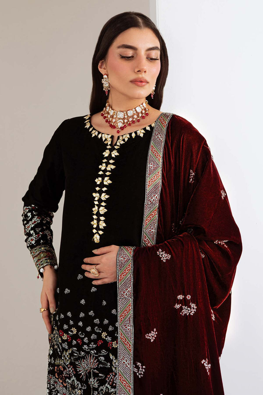 NUREH Maya Embroidered Velvet Unstitched 3Pc Suit NW-113