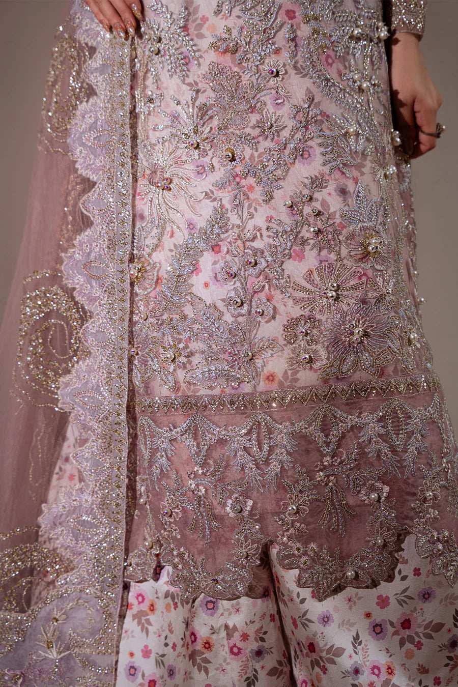 Nureh NEL-85: Luxury Hand-Embellished Net Ensemble with Printed Silk Accents