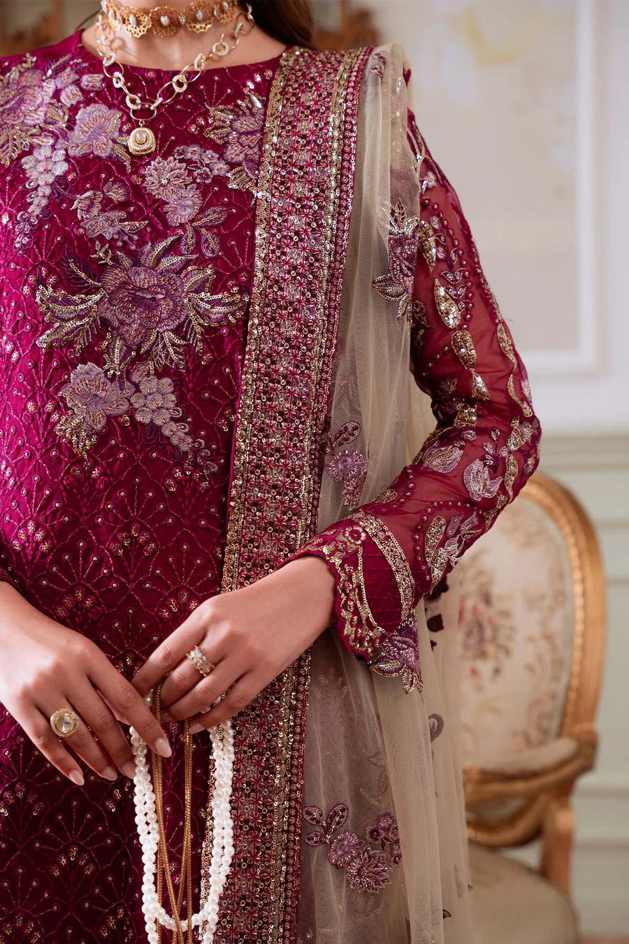 Nureh by FLANORA  NEL-78 Luxury Embroidered Organza Unstitched Suit with Net Dupatta