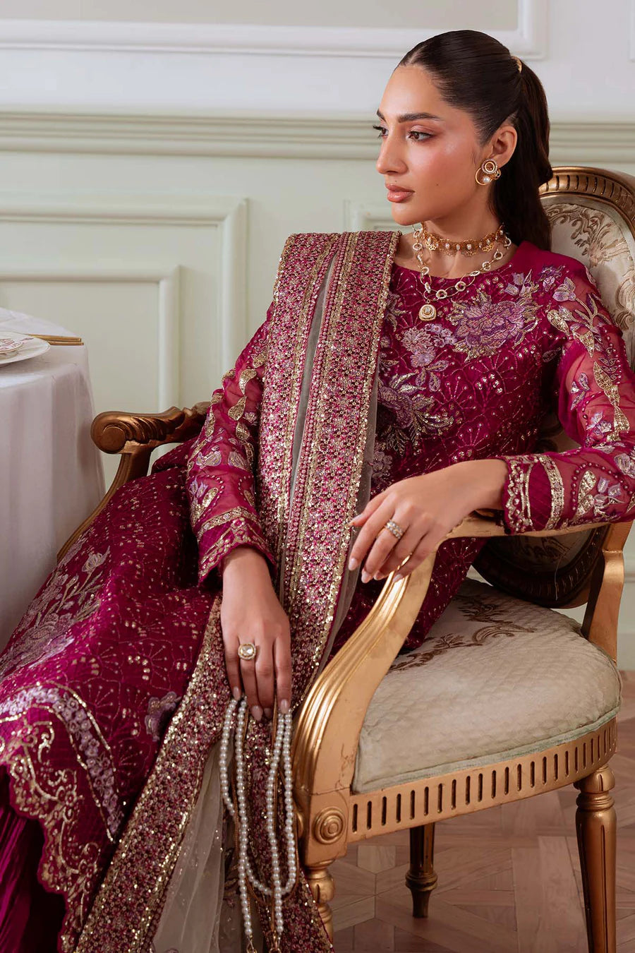 Nureh by FLANORA  NEL-78 Luxury Embroidered Organza Unstitched Suit with Net Dupatta
