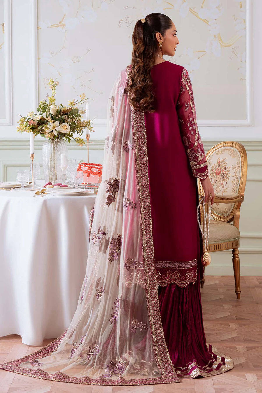 Nureh by FLANORA  NEL-78 Luxury Embroidered Organza Unstitched Suit with Net Dupatta