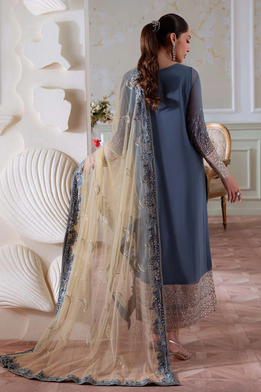 Nureh NEL-82 | Embellished Chiffon Suit with Embroidered Net Dupatta (Unstitched)
