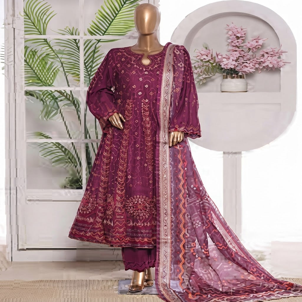 3 Piece Embroidred Stitched Lawn Frock with Trouser & Dupatta | BS-16