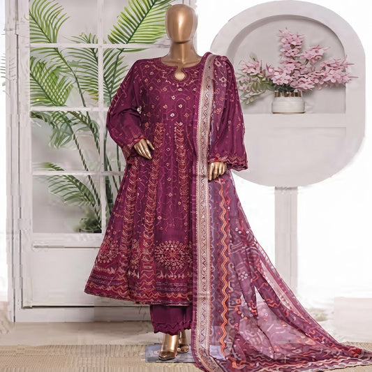 3 Piece Embroidred Stitched Lawn Frock with Trouser & Dupatta | BS-16
