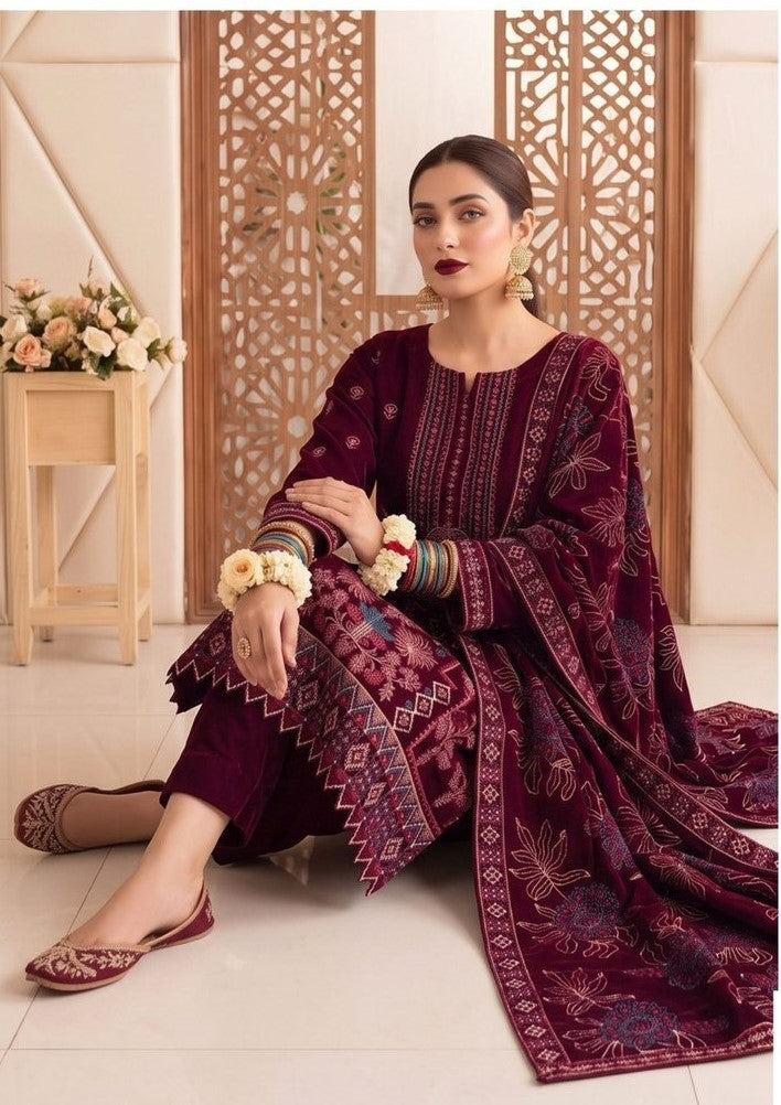 Bin Rashid Micro Velvet Heavy Embroidered 3-Piece Suit | Bristal Party Wear DN-01