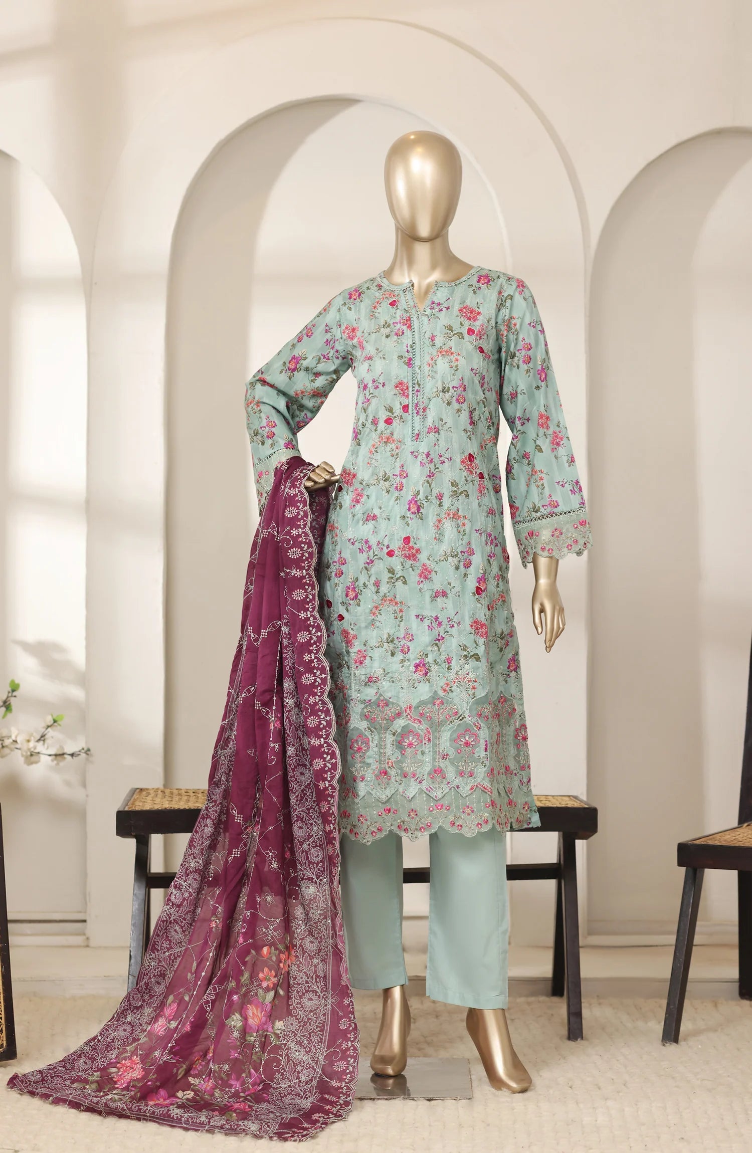 Bin Saeed 3 Piece Embroidered Lawn Shirt with Trouser & Embroidered Dupatta | 02