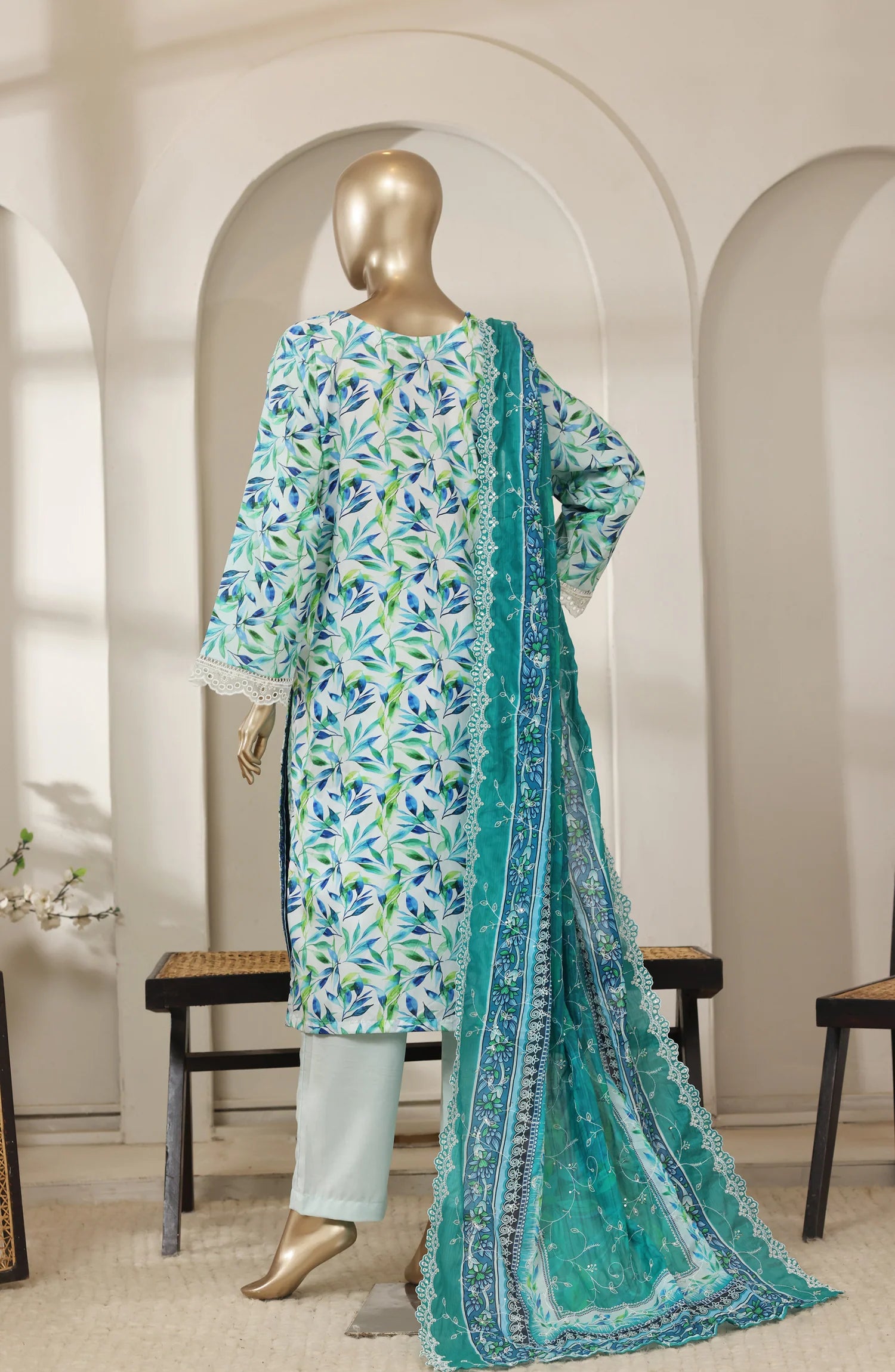 Bin Saeed 3 Piece Embroidered Lawn Shirt with Trouser & Embroidered Dupatta | 03