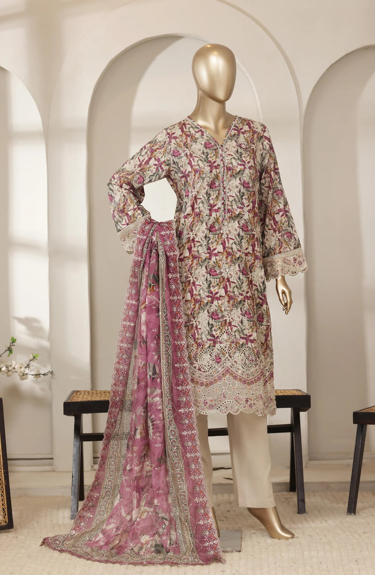 Bin Saeed 3 Piece Embroidered Lawn Shirt with Trouser & Embroidered Dupatta | 06