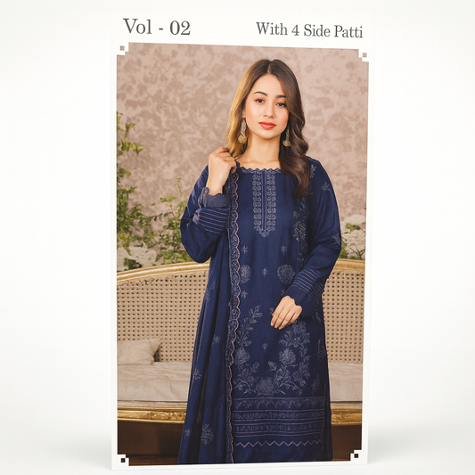 ALIF  Vol-02 Design 03 | Classic Navy Blue Embroidered 3-Piece Suit with 4-Side Patti Dupatta