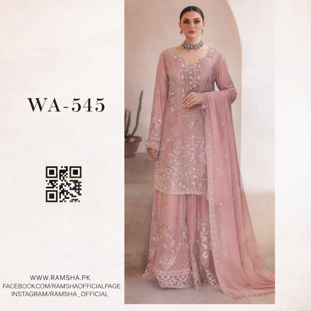 Ramsha WA-545 | Dusty Rose Embroidered Chiffon Party Wear Suit