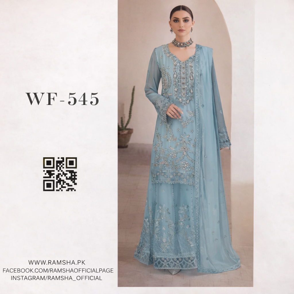 Ramsha WF-545 | Ice Blue Embroidered Chiffon Formal Ensemble