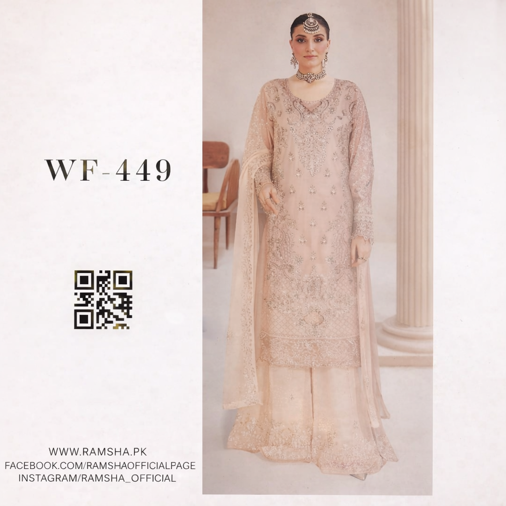 Ramsha WF-449 | Premium Embroidered Chiffon Formal Suit in Soft Peach