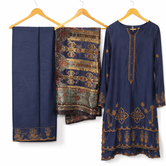 Sadabahar Luxe Navy Blue Embroidered 3-Piece stitched Suit