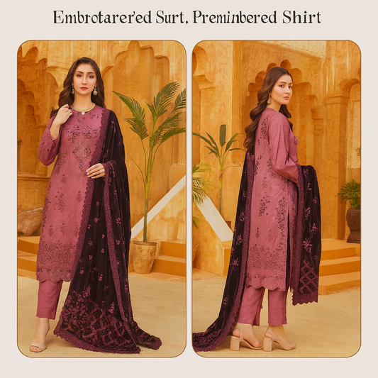 JUMAIRA DHANAK Design 07 - Black Embroidered Suit with Luxurious Velvet Shawl 🖤