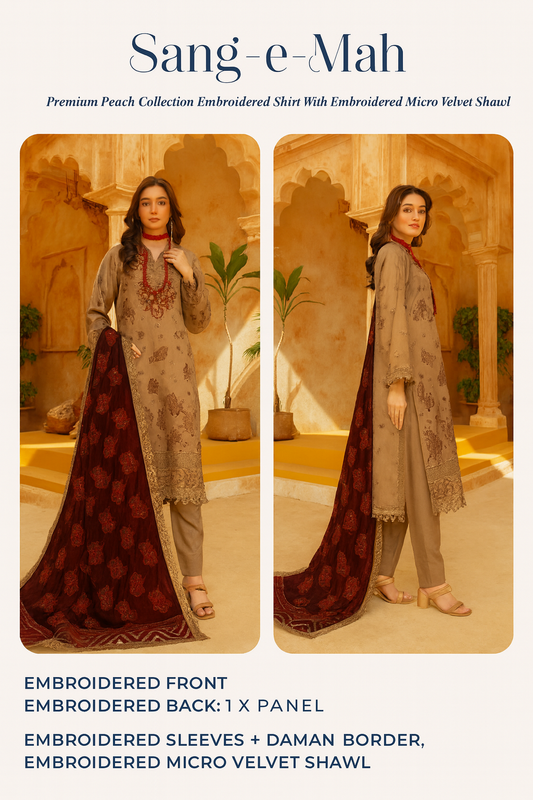 Sang-e-Mah  Ray-Arth Premium Peach Collection: Unstitched Embroidered Suit with Velvet Shawl
