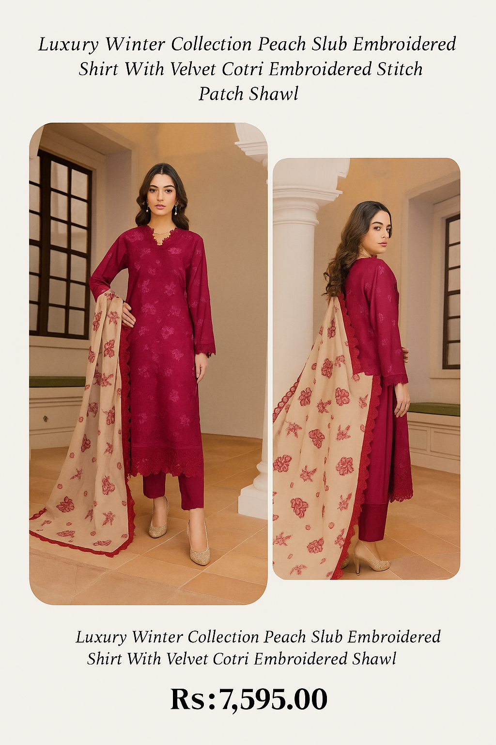 Tasawwur Dhanak – Luxury Winter Collection Peach Slub Embroidered Suit