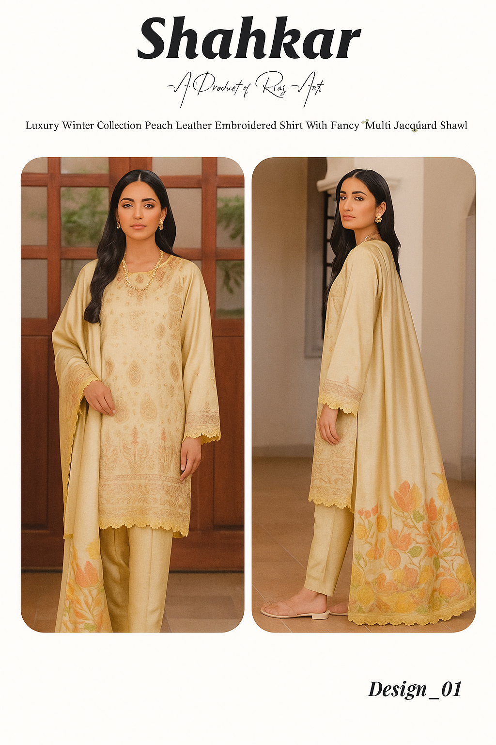 Shahkar Luxury Winter Collection – Cream Embroidered 3-Piece Suit (Design 01)