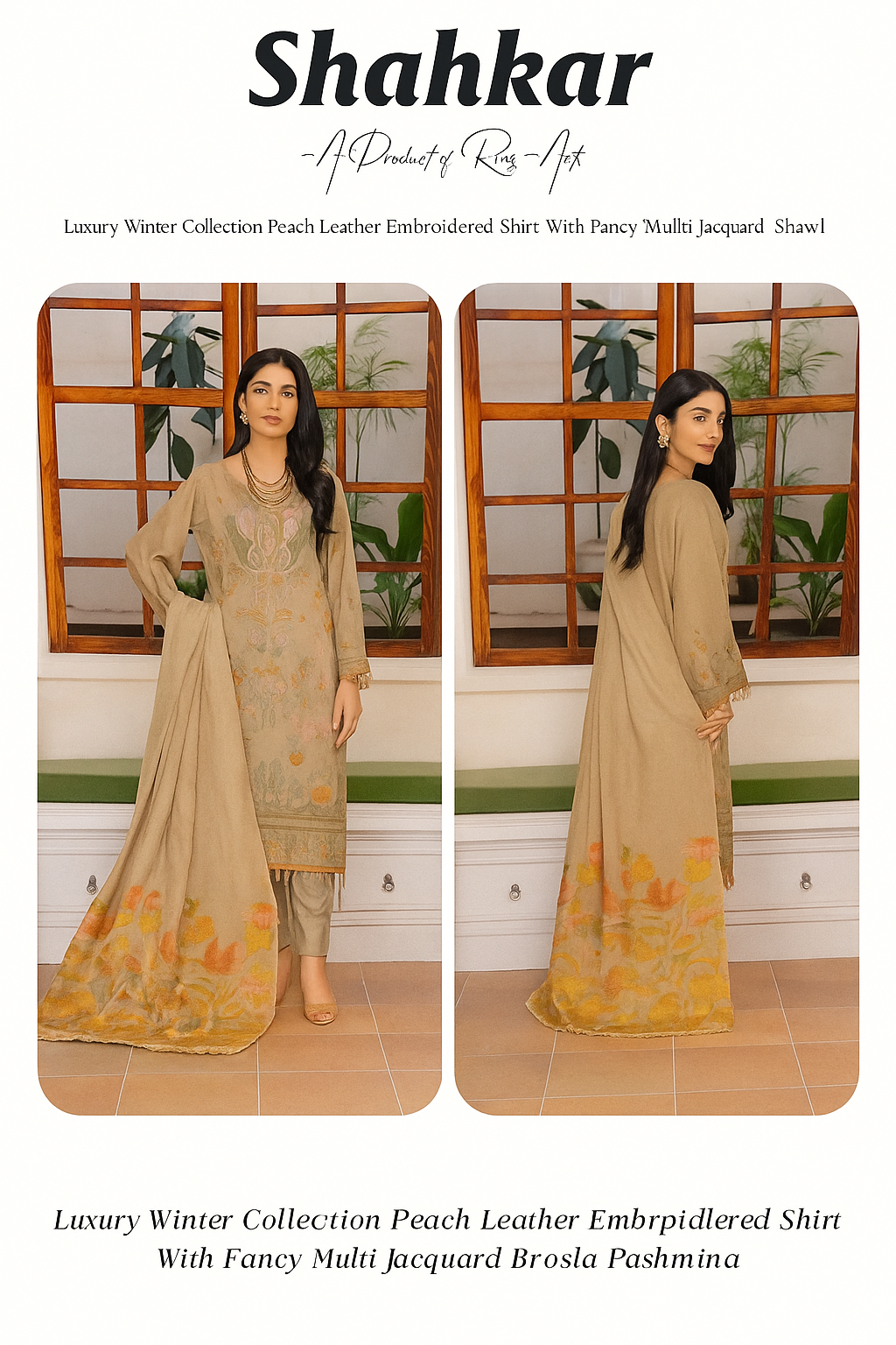 Shahkar by Riaz Arts Luxury Winter Collection – Peach Leather Embroidered Suit (Design 04)