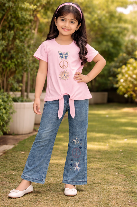 Girls Casual Summer Outfit K-11 | Butterfly Print Top with Denim Trouser