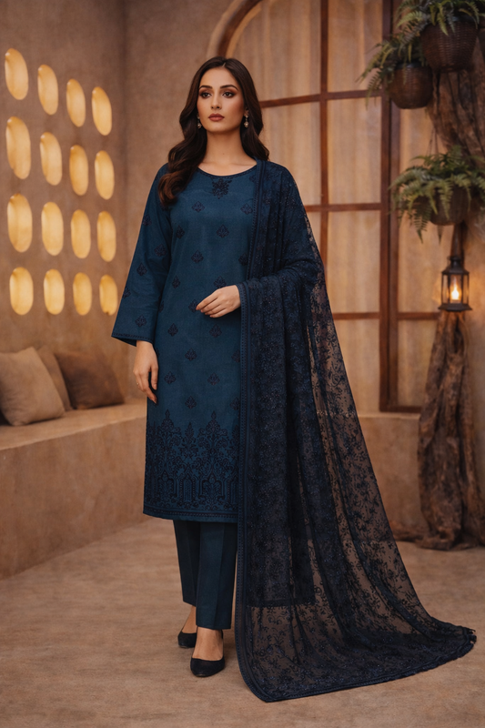 D-7402 Zaraa By Raikhta | Embroidered Lawn 3PC Unstitched Suit.