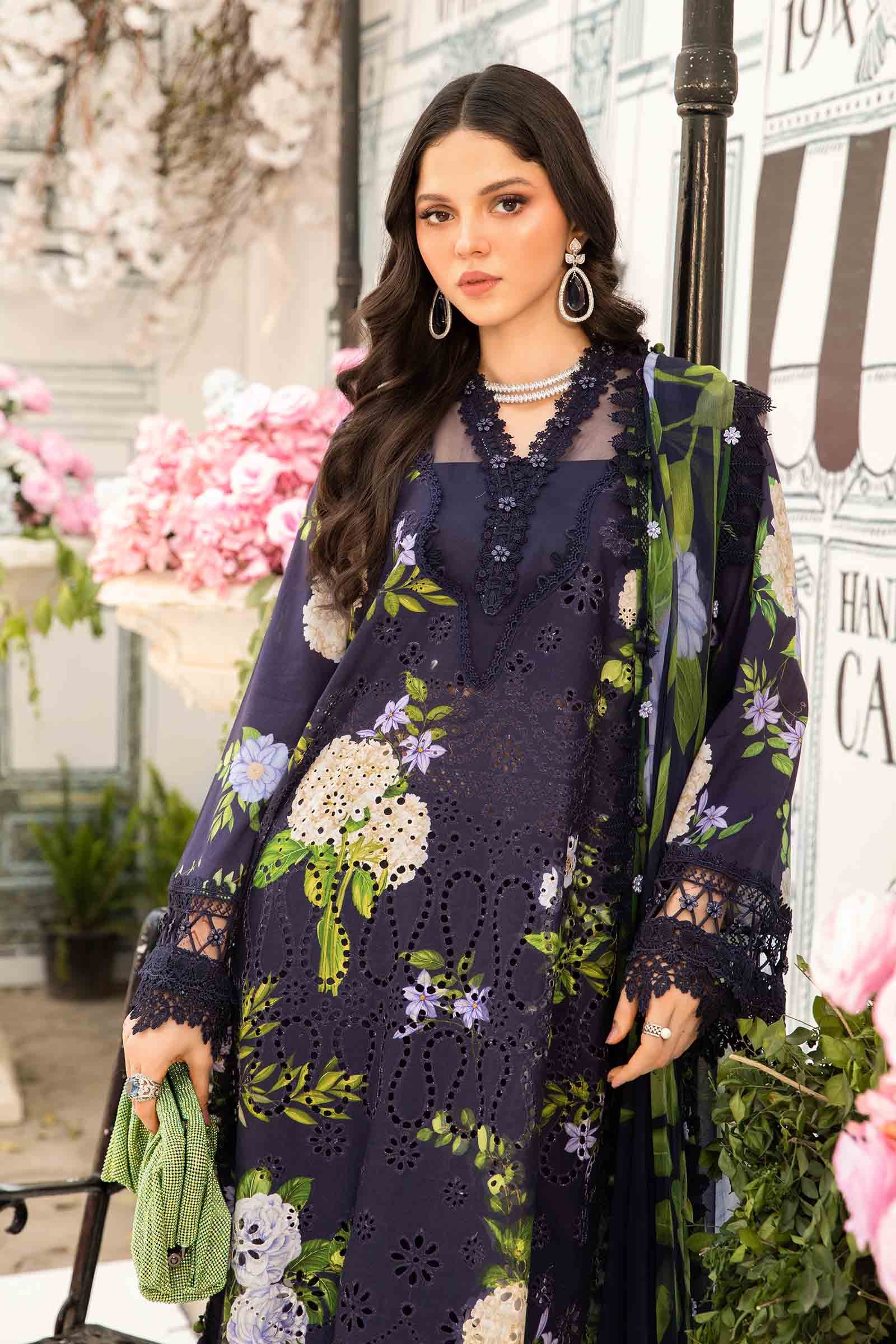 3 Piece Unstitched Embroidered Lawn Suit | MPT-2602-B - MARIA.B